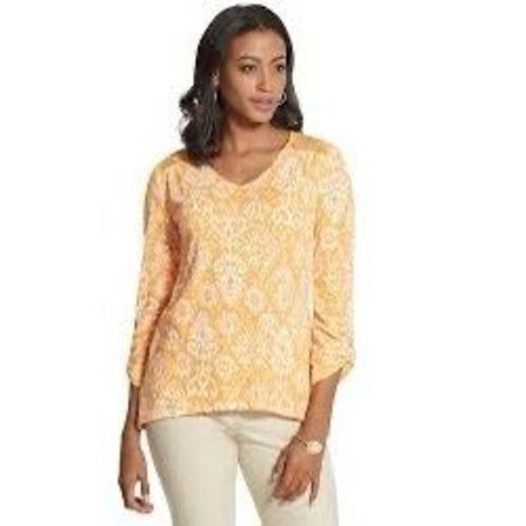 Chico’s Orange White Beaded Top Size Medium - Picture 2 of 6
